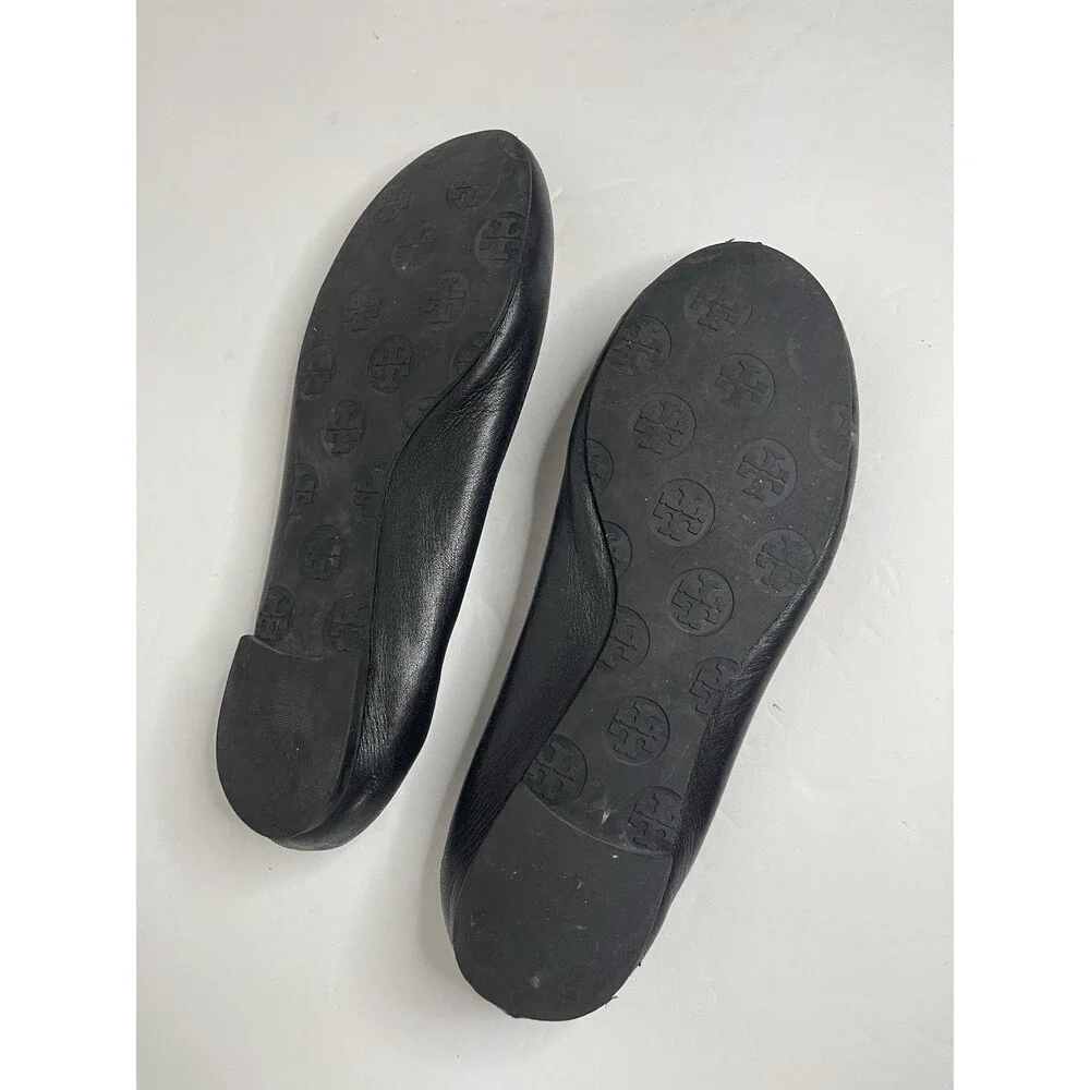 tory burch womens 6 black ballet flats Leather Gold Emblem Logo